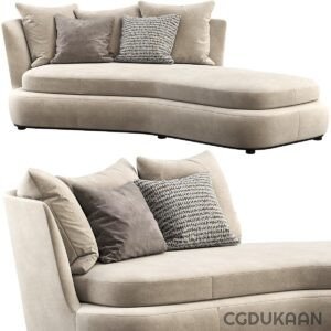 Beige chaise lounge with three beige pillows and one gray textured pillow