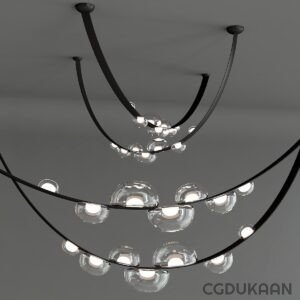 A modern chandelier with curved black metal arms and round glass light bulbs hanging from the ceiling.