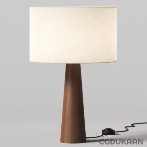 A modern table lamp with a cylindrical white shade and a brown wooden base, with a power cord visible on the side.