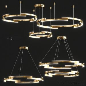 A collection of modern, circular ring chandeliers with gold finishes and LED lights on a black background.