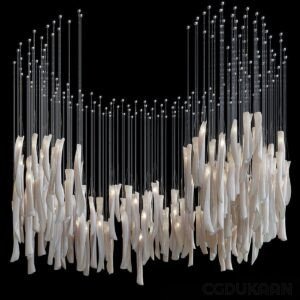 A modern chandelier with hanging white pendants and long metal rods against a black background.