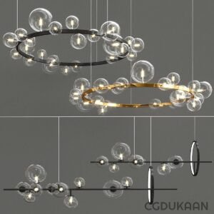 A modern chandelier with two circular metallic frames adorned with clear glass spheres, suspended from a gray ceiling.