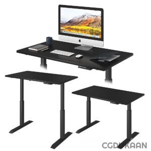 A black adjustable standing desk with an iMac computer, keyboard, mouse, coffee mug, and notebook on top, along with two smaller versions of the desk without items.