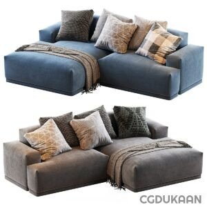 Two modern sectional sofas in blue and grey, with decorative pillows and throw blankets, in a living room setup.