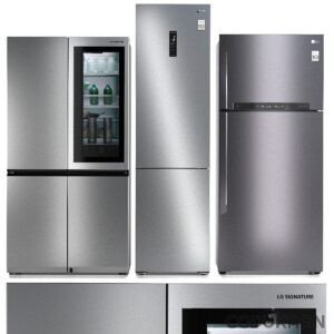 Three modern stainless steel refrigerators with different designs displayed side by side.