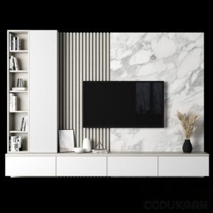 A sleek TV unit with marble wall and shelves in a contemporary setting.