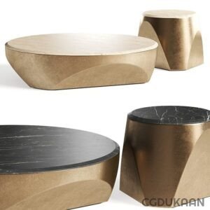 Three tables with gold and black marble tops in various shapes and sizes.