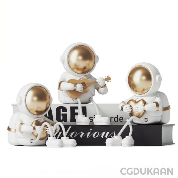 3d model of Three astronaut figurines playing guitar, showcasing their musical talents in space.