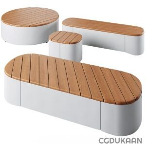 Three modern outdoor benches with white bases and wooden slatted tops in different shapes: round, oval, and rectangular.