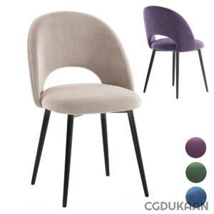 Modern upholstered dining chair with black metal legs, shown in beige and purple options, with color swatches indicating additional green and blue color choices.