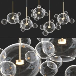 Modern glass bubble chandeliers hanging from the ceiling with gold accents and lit bulbs inside some of the bubbles.