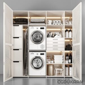 A modern, organized laundry closet with white cabinetry, a stackable washer and dryer, and shelves filled with laundry supplies and household items.