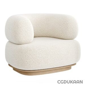 A modern ivory-colored armchair with a rounded and plush design, featuring a wooden base.