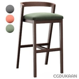 A wooden bar stool with a green padded seat, next to three color swatches in gray, coral, and green.