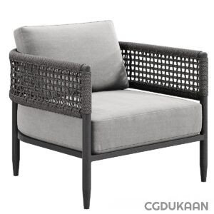 A modern outdoor armchair with a black metal frame, light grey cushions, and a woven black backrest.