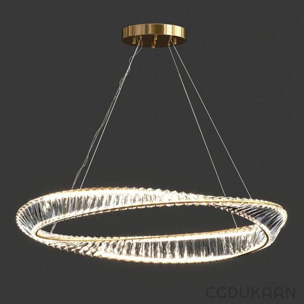 An elegant circular chandelier with a gold finish, suspended from the ceiling by thin cables and illuminated with bright LED lights.