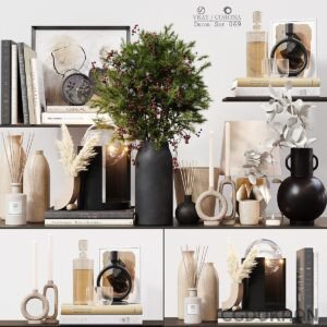 A collection of modern home decor arranged on shelves, featuring books, candles, vases, a potted plant with red berries, and various decorative objects in neutral tones.