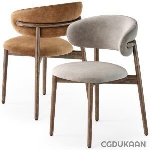 Two modern chairs with wooden legs and curved backrests, one in brown upholstery and one in gray upholstery.