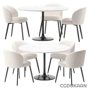 Two identical round white marble tables with black pedestal bases, each surrounded by four beige upholstered chairs with black legs.