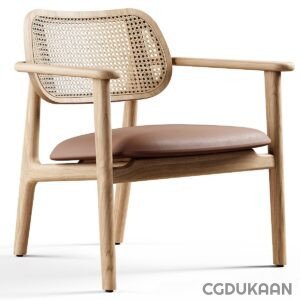 A modern wooden armchair with a woven backrest and a brown cushioned seat.