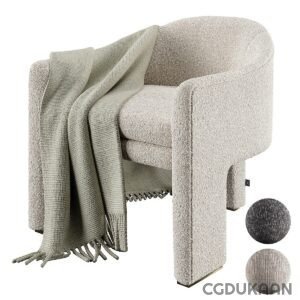 A light beige textured armchair with a green throw blanket draped over one arm, with two fabric swatches showing a darker grey and lighter grey option.