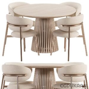 A round wooden dining table with matching chairs with cream upholstery.