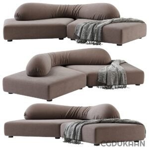 Three images of a modern brown chaise lounge sofa with a gray throw blanket draped over one end, shown from different angles.