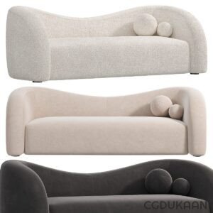 Three modern sofas in different shades of beige and gray with rounded shapes and three cylindrical cushions on each.