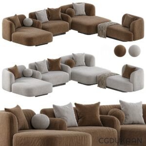 Variety of configurations of modular sofas in brown and beige color. Includes close-up details of fabric textures and pillows.