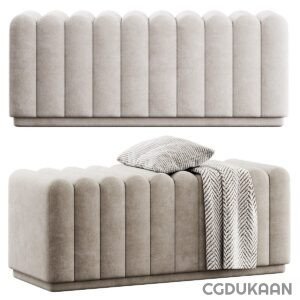 A two-part image of a light grey upholstered rectangular ottoman with vertical tufting, the top image showing the ottoman with lid closed and the bottom image showing it open with a grey knitted throw blanket inside.