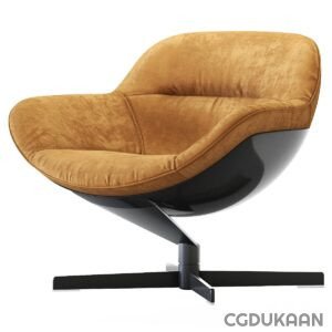 Modern tan upholstered armchair with a curved seat and black metal base.