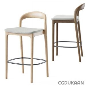 Two modern bar stools with curved wooden backrests and metal legs.