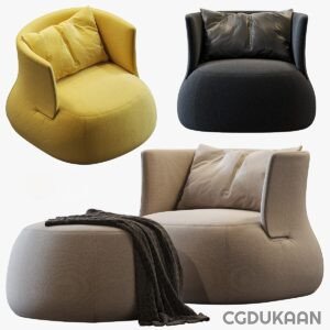 A collage of four modern armchairs and sofas in yellow, black, and beige colors with decorative pillows and a throw blanket.