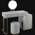 a white and gold vanity with a round mirror on top