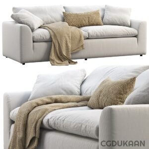 Two images of a modern white sofa with beige and gold decorative pillows and a knitted blanket draped over the armrest.