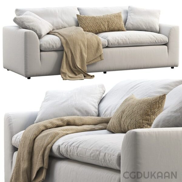 Two images of a modern white sofa with beige and gold decorative pillows and a knitted blanket draped over the armrest.