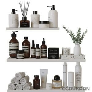 A collection of bathroom accessories including bottles, jars, and containers in black and white, arranged on white shelves with a small plant on the right side.