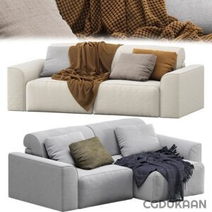 a couches with pillows and blankets