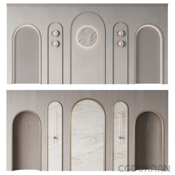 Two images showing modern cabinet door designs, the top image with grey-colored doors featuring vertical ridges and circular handles, the bottom image with light wood-colored doors and marble inserts with metal handles