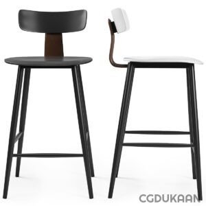 Two black and white bar stools with wooden legs, providing stylish seating options for any space.