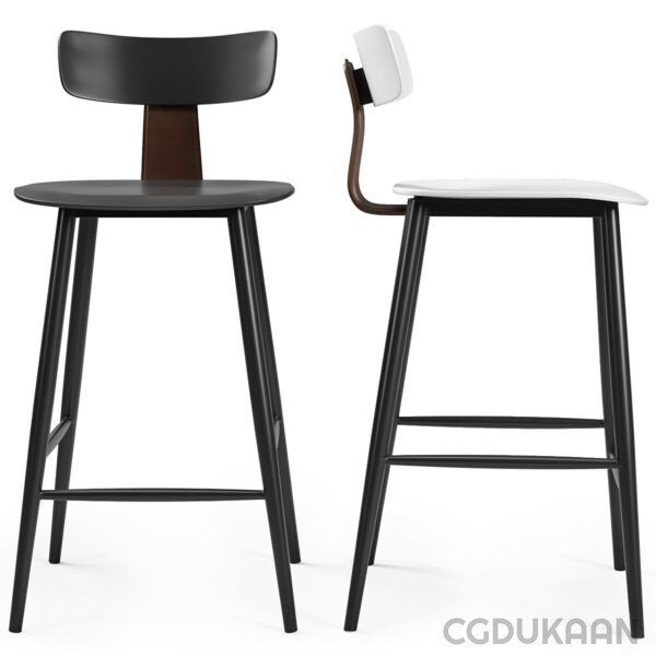 Two black and white bar stools with wooden legs, providing stylish seating options for any space.