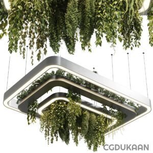 Modern geometric-shaped light fixtures hanging from the ceiling with green plants and foliage integrated into the design.