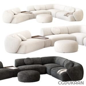 Modular sectionals in three different configurations in beige and dark grey colors.