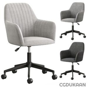 A grey office chair with vertical stitching on the backrest and seat, five wheels, and adjustable height. Three different angles of the chair are shown.