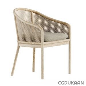 A beige modern armchair with a mesh backrest and a cushioned seat.