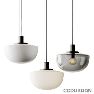 Three modern pendant lights with different glass shades - white, grey, and cream - hanging from black cords against a white background.