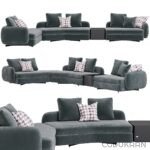 A collage of three images showcasing a modern, dark gray sectional sofa with checkered decorative pillows. The sofa is displayed from different angles in each image.