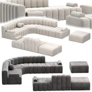 A collection of modern modular sofas in various configurations and shades of gray and white.