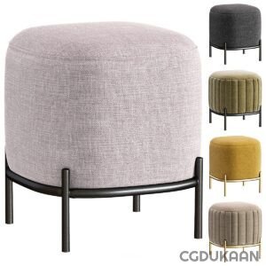 A large round fabric upholstered ottoman in a light beige color with a black metal base, and four smaller images showing variations in dark gray, olive green, mustard yellow, and gray with vertical stitching.