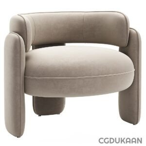 A modern beige-gray armchair with rounded edges and a plush cushion seat.